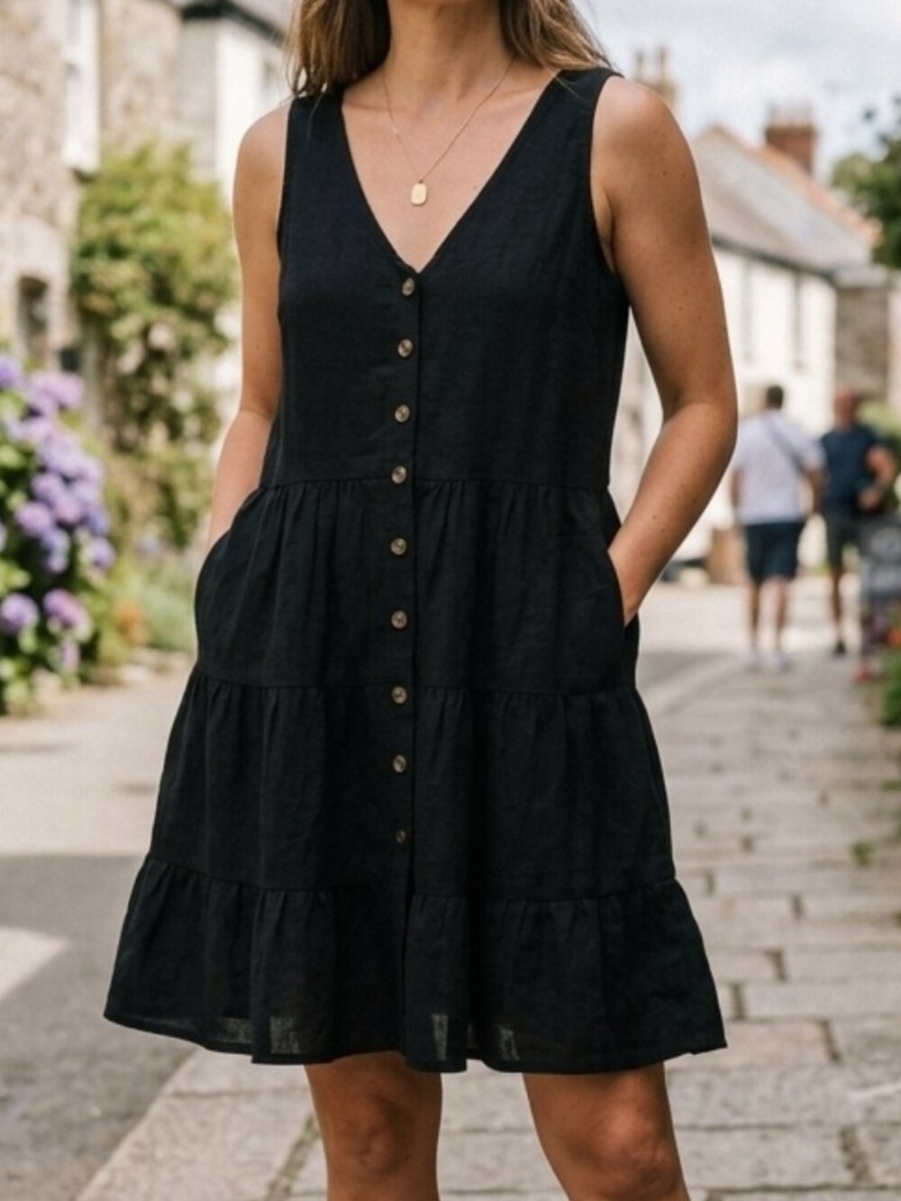 Next Black Linen Blend Tiered Sundress Button Down Smock Dress Size 10